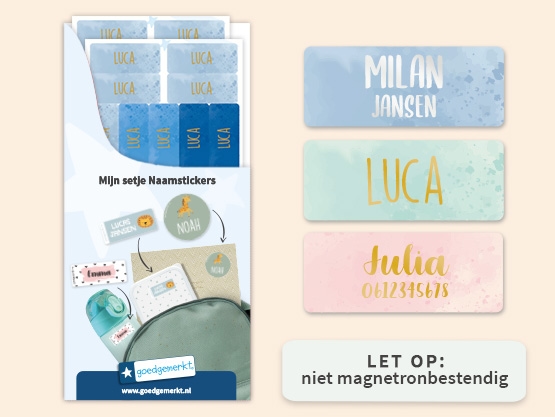 Kleine aquarel naamstickers met goud/zilver