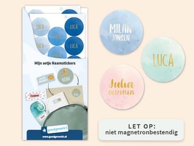 Ronde aquarel naamstickers met goud/zilver
