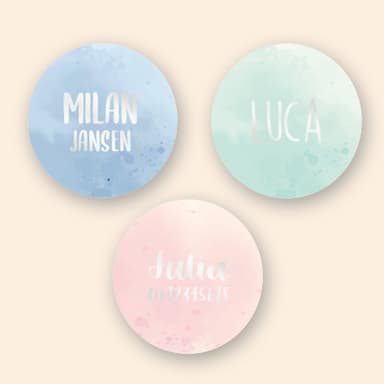 Ronde aquarel naamstickers met goud/zilver