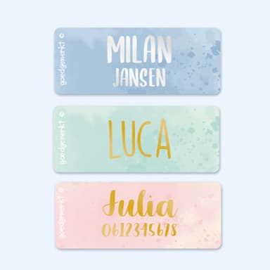 Kleine aquarel naamstickers met goud/zilver