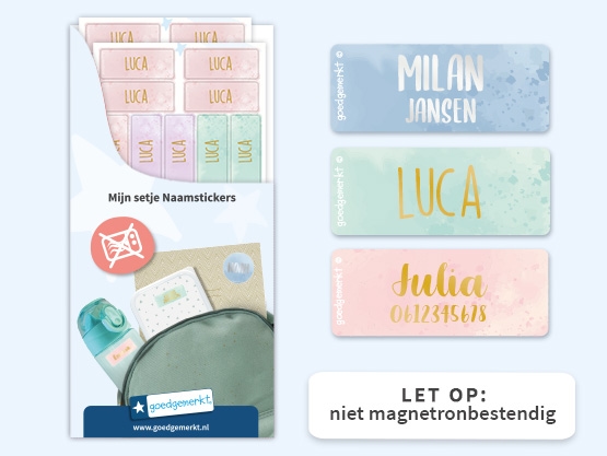 Kleine aquarel naamstickers met goud/zilver